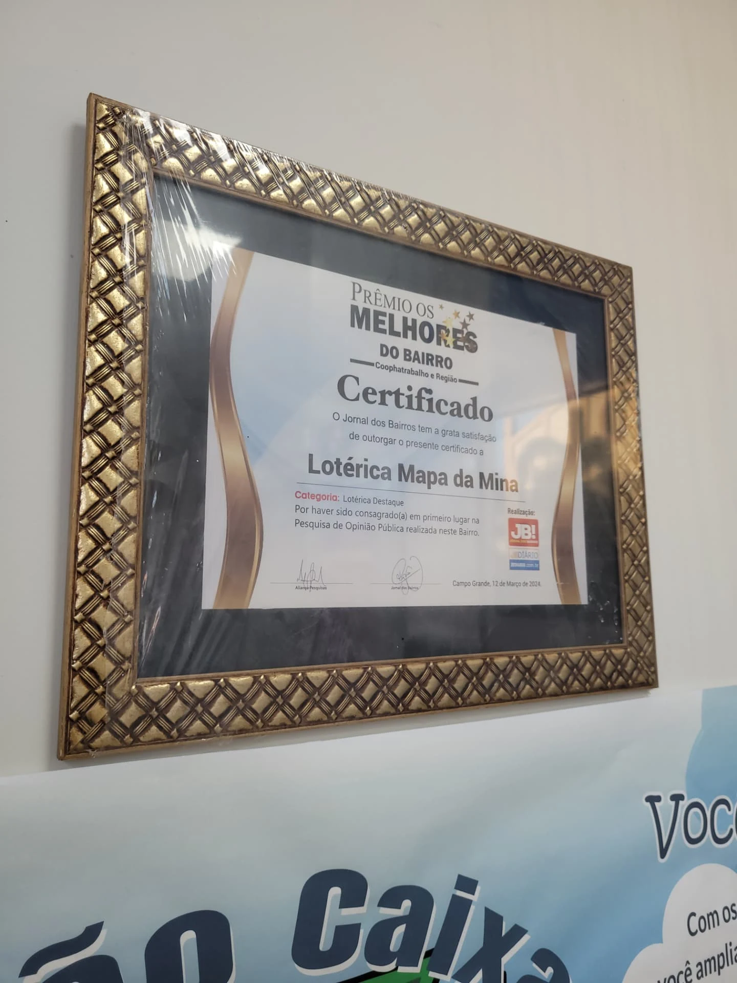Certificado de reconhecimento da Lotérica Mapa da Mina